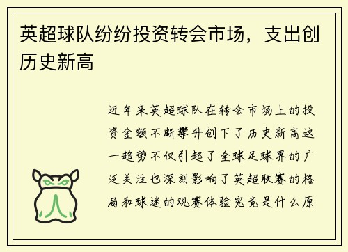 英超球队纷纷投资转会市场，支出创历史新高
