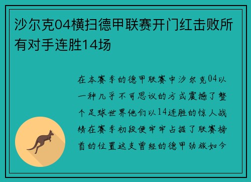 沙尔克04横扫德甲联赛开门红击败所有对手连胜14场
